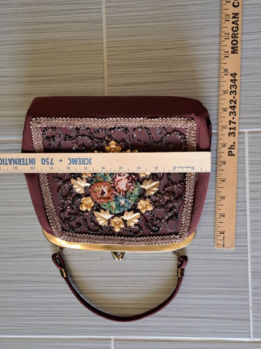Vintage 50's Beaded Embroidered Handbag Purse Multicolor Floral Top Handle - Picture 11 of 12